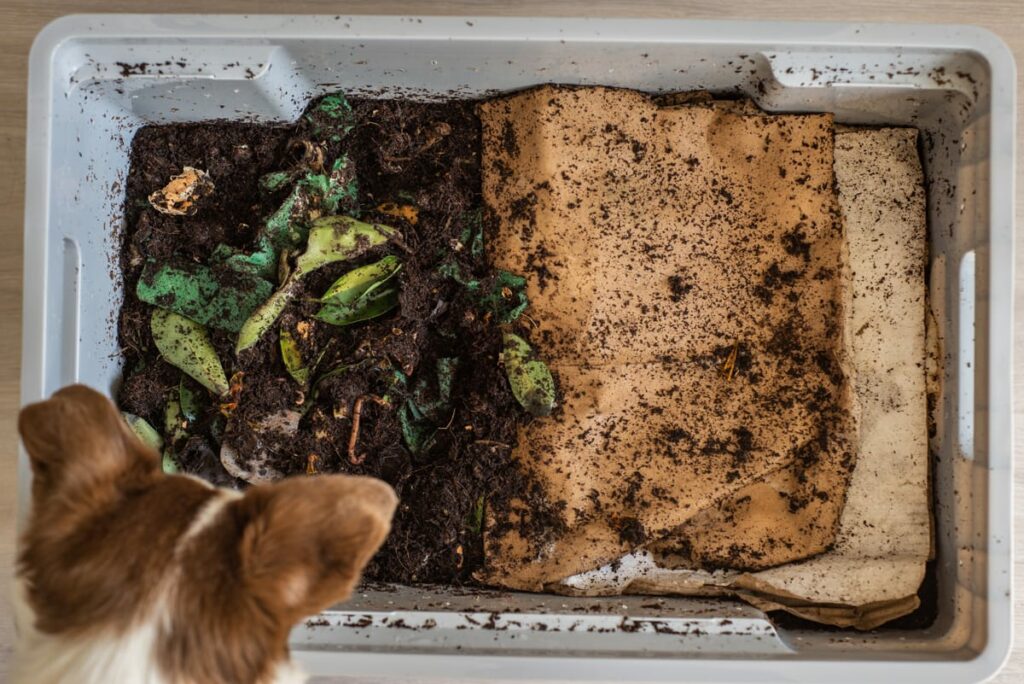 DIY Worm Bin in winter with a dog looking at it