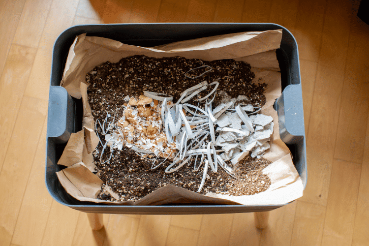 A mixture of homemade worm bedding is put into a starting tray